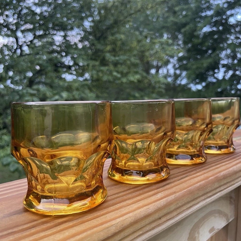 Vintage Georgian Amber Rocks Glasses Set 4 Lowball Tumblers Retro Barware